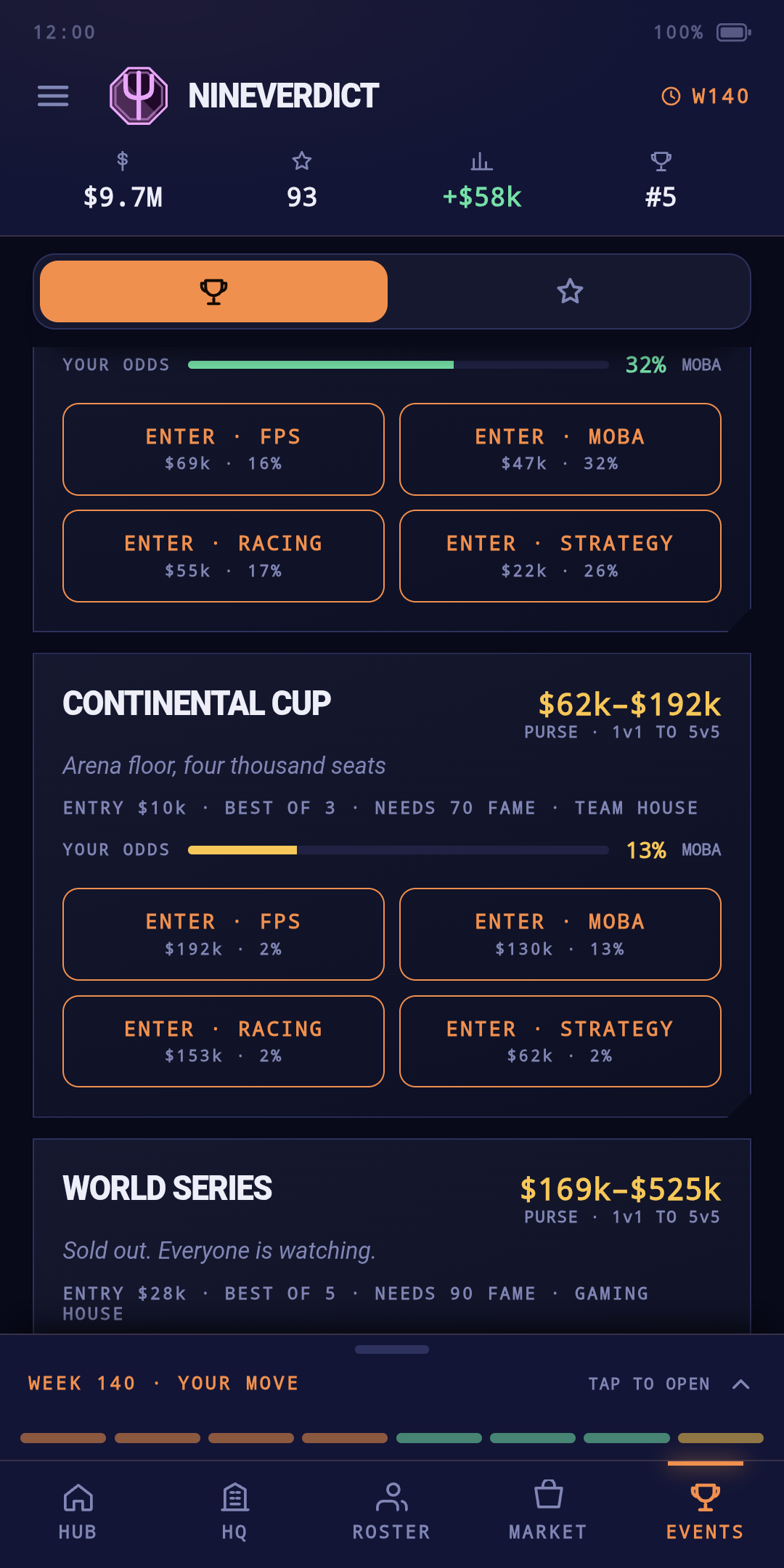 Esports Manager — the events ladder and your real odds